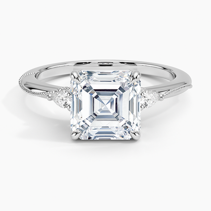 Camellia Three Stone Pear Diamond Ring - Asscher Cut Center Stone