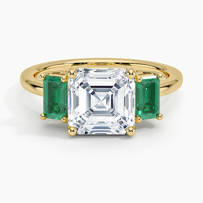 Luxe Rhiannon Three Stone Lab Emerald Ring - Asscher Cut Center Stone