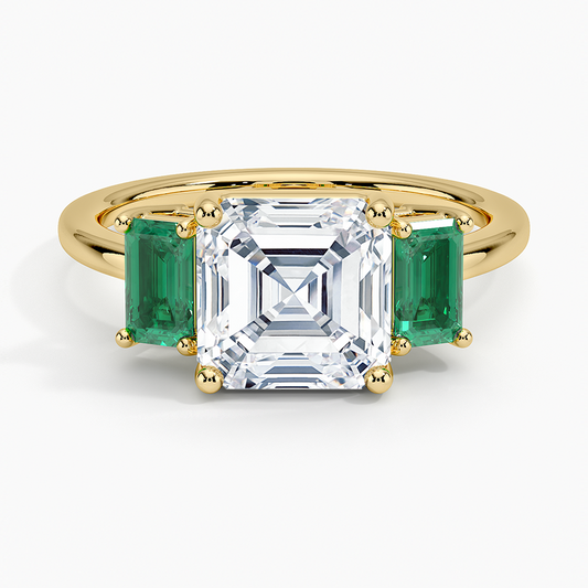 Luxe Rhiannon Three Stone Lab Emerald Ring - Asscher Cut Center Stone
