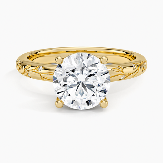 Verdure Engraved Diamond Solitaire Ring - Round Center Stone