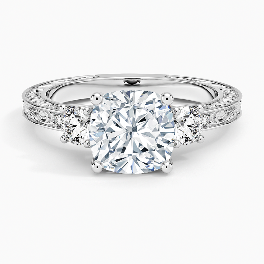 Antique Scroll Engraved Three Stone Diamond Ring (1/3 ct. tw.) - Cushion Cut Center Stone