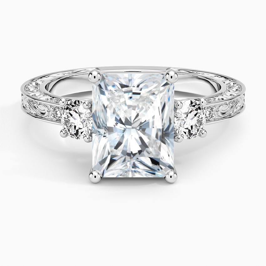 Antique Scroll Engraved Three Stone Diamond Ring (1/3 ct. tw.) - Radiant Cut Center Stone