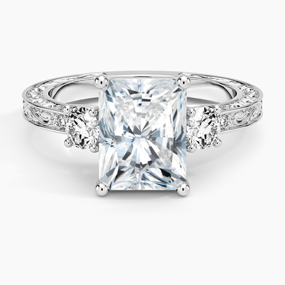 Antique Scroll Engraved Three Stone Diamond Ring (1/3 ct. tw.) - Radiant Cut Center Stone