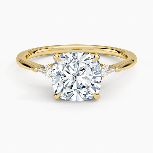 Petite Cometa Three Stone Diamond Ring - Cushion Cut Center Stone