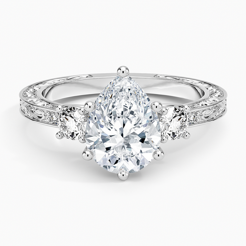 Antique Scroll Engraved Three Stone Diamond Ring (1/3 ct. tw.) - Pear Center Stone