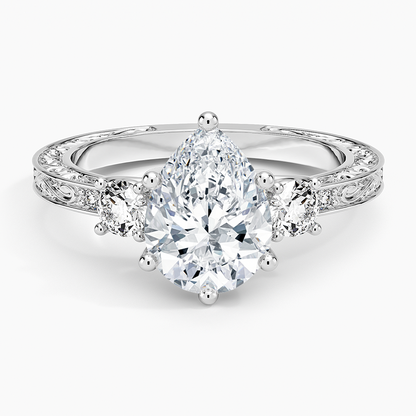 Antique Scroll Engraved Three Stone Diamond Ring (1/3 ct. tw.) - Pear Center Stone
