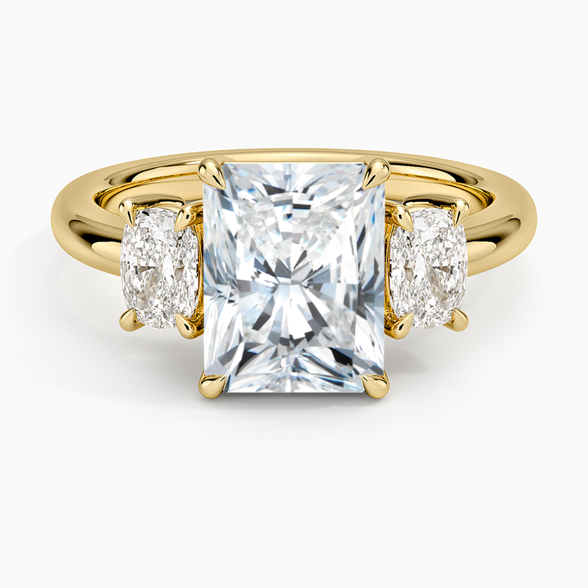 Faye Elongated Cushion Three Stone Diamond Ring - Radiant Cut Center Stone