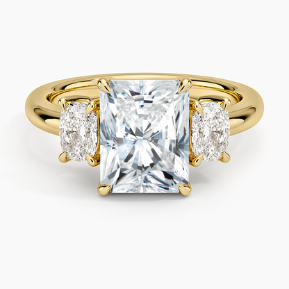 Faye Elongated Cushion Three Stone Diamond Ring - Radiant Cut Center Stone