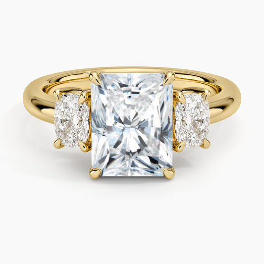 Faye Elongated Cushion Three Stone Diamond Ring - Radiant Cut Center Stone