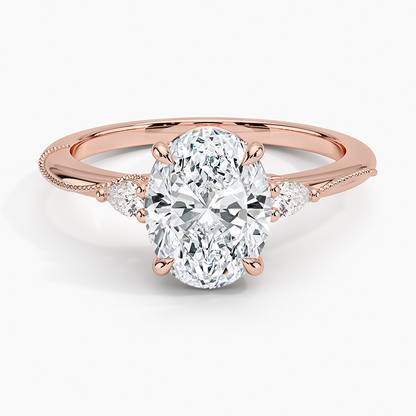 Camellia Three Stone Pear Diamond Ring - Oval Center Stone