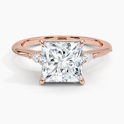 Camellia Three Stone Pear Diamond Ring - Princess Cut Center Stone