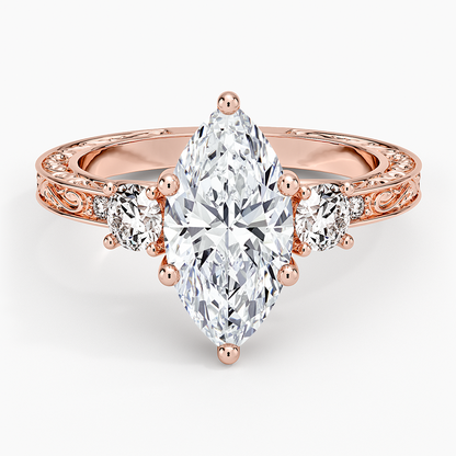 Antique Scroll Engraved Three Stone Diamond Ring (1/3 ct. tw.) - Marquise Center Stone