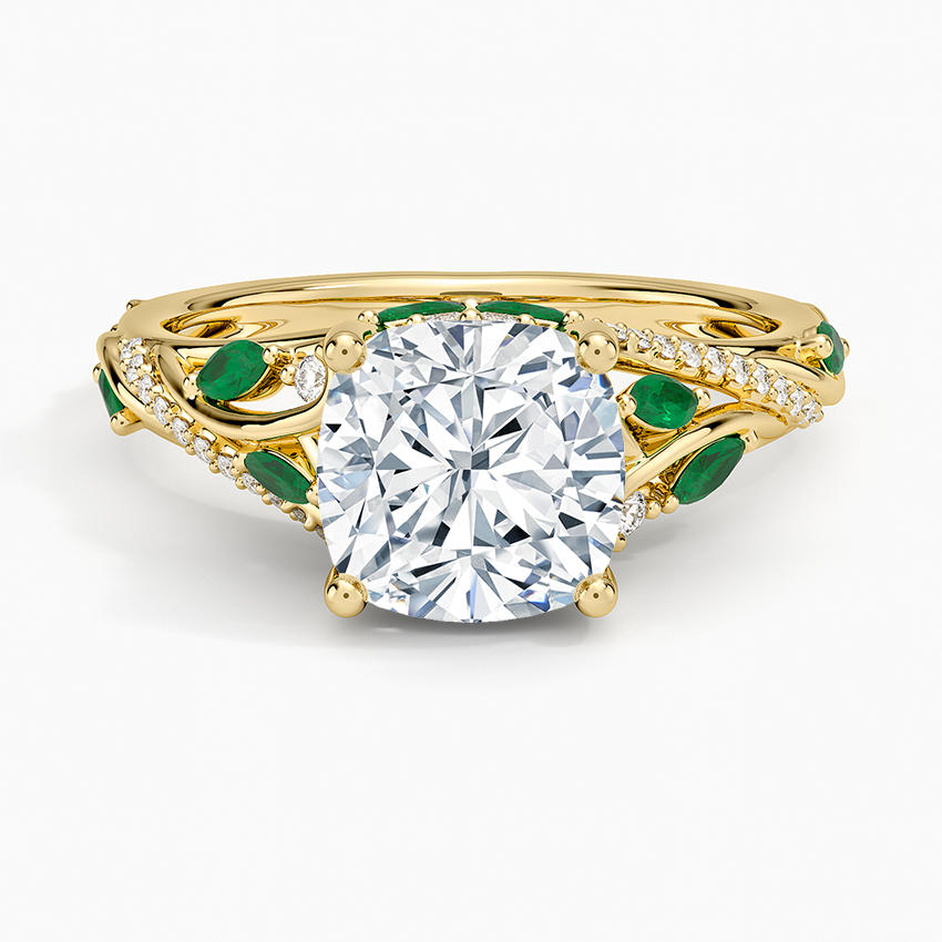Begonia Vine Diamond and Lab Emerald Ring (1/8 ct. tw.) - Cushion Cut Center Stone