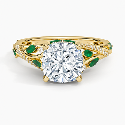 Begonia Vine Diamond and Lab Emerald Ring (1/8 ct. tw.) - Cushion Cut Center Stone