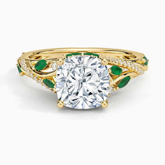 Begonia Vine Diamond and Lab Emerald Ring (1/8 ct. tw.) - Cushion Cut Center Stone