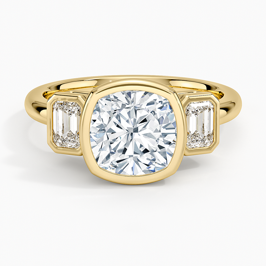 Rhiannon Bezel Three Stone Diamond Ring - Cushion Cut Center Stone