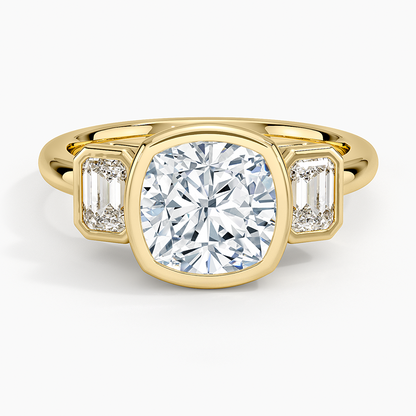 Rhiannon Bezel Three Stone Diamond Ring - Cushion Cut Center Stone