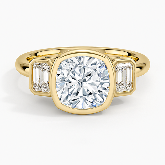 Rhiannon Bezel Three Stone Diamond Ring - Cushion Cut Center Stone