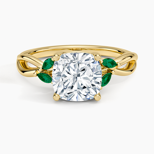 Willow Ring With Lab Emerald Accents - Cushion Cut Center Stone
