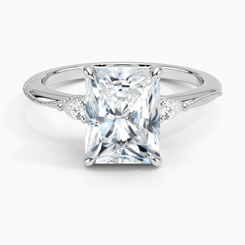 Camellia Three Stone Pear Diamond Ring - Radiant Cut Center Stone