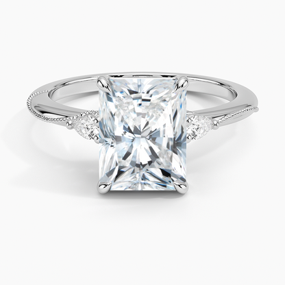 Camellia Three Stone Pear Diamond Ring - Radiant Cut Center Stone