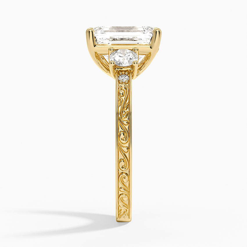 Antique Scroll Engraved Three Stone Diamond Ring (1/3 ct. tw.) - Emerald Cut Center Stone