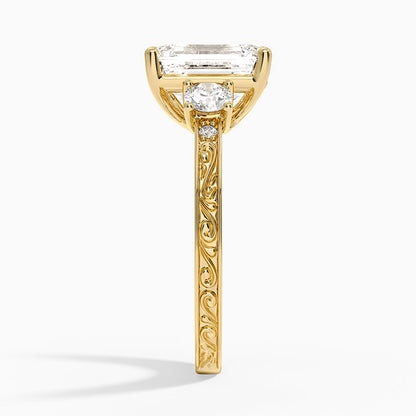 Antique Scroll Engraved Three Stone Diamond Ring (1/3 ct. tw.) - Emerald Cut Center Stone