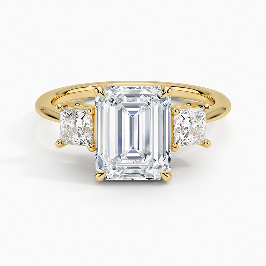 Princess Cut Three Stone Diamond Ring - Emerald Cut Center Stone