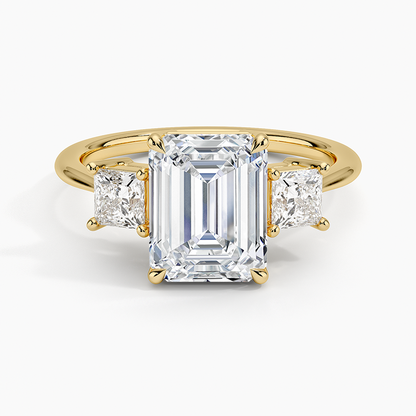 Princess Cut Three Stone Diamond Ring - Emerald Cut Center Stone