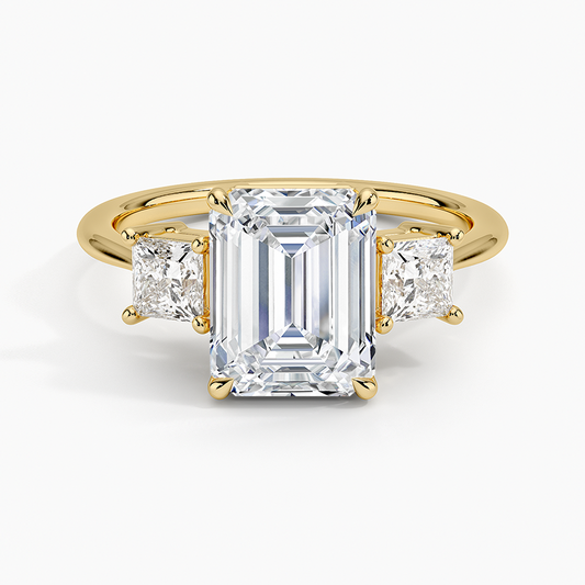 Princess Cut Three Stone Diamond Ring - Emerald Cut Center Stone