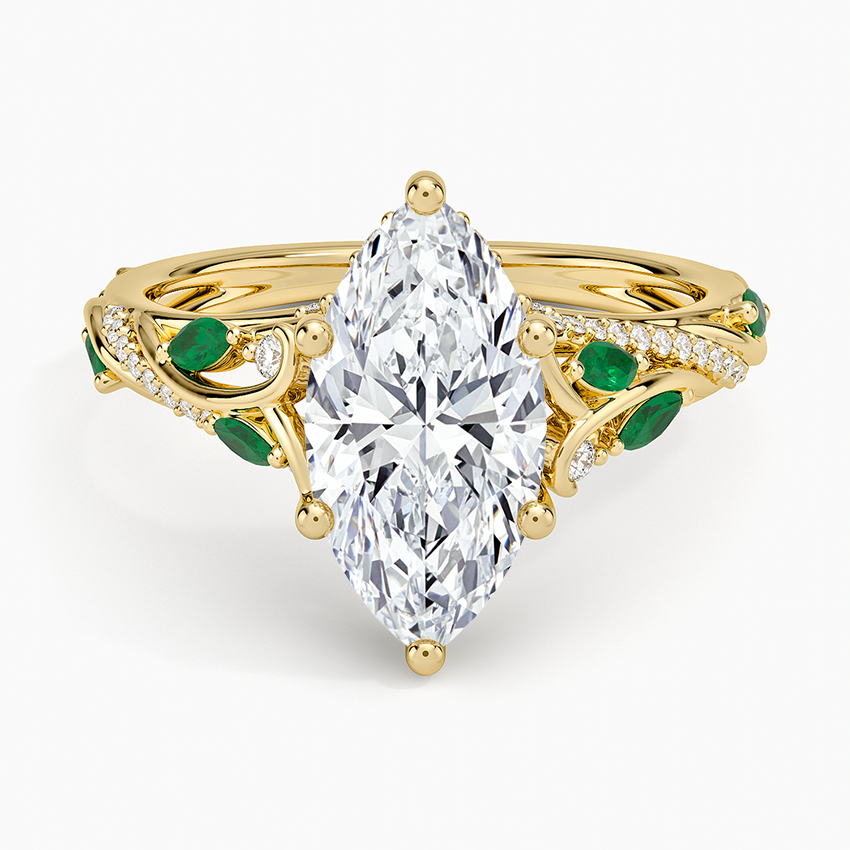 Begonia Vine Diamond and Lab Emerald Ring (1/8 ct. tw.) - Marquise Cut Center Stone