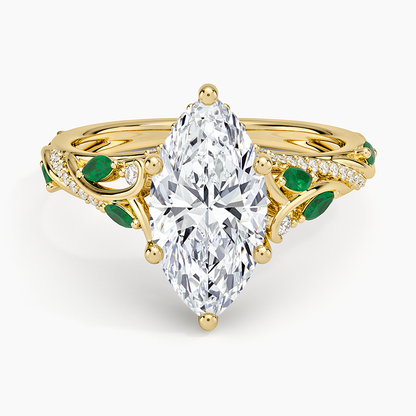 Begonia Vine Diamond and Lab Emerald Ring (1/8 ct. tw.) - Marquise Cut Center Stone