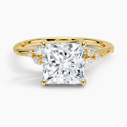 Camellia Milgrain Diamond Ring - Princess Cut Center Stone