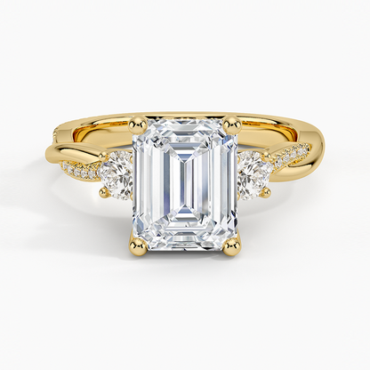 Adorned Petite Twisted Vine Three Stone Diamond Ring - Emerald Cut Center Stone