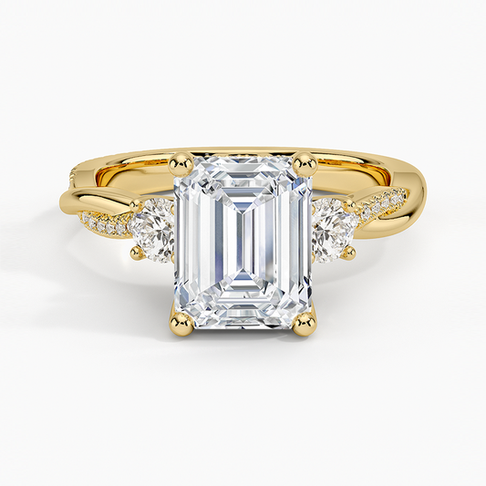 Adorned Petite Twisted Vine Three Stone Diamond Ring - Emerald Cut Center Stone