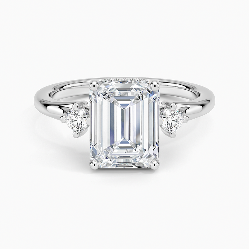 Floating Three Stone Diamond Ring - Emerald Cut Center Stone