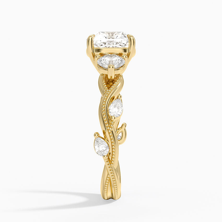 Vintage Secret Garden Three Stone Diamond Ring - Cushion Cut Center Stone