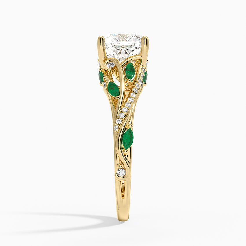 Begonia Vine Diamond and Lab Emerald Ring (1/8 ct. tw.) - Cushion Cut Center Stone