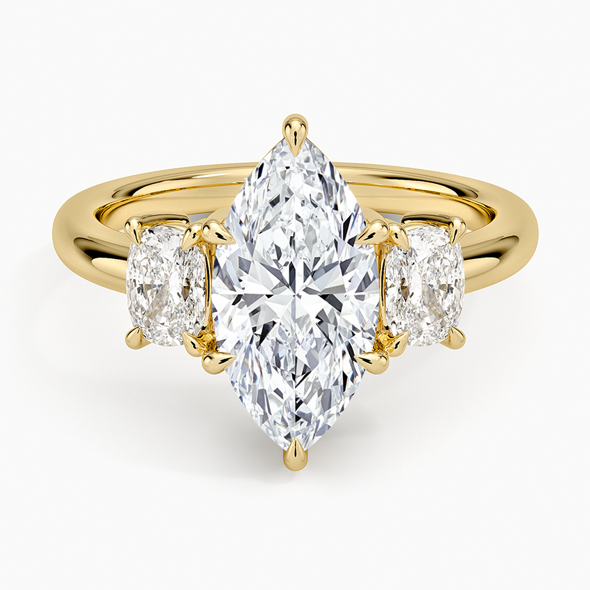 Faye Elongated Cushion Three Stone Diamond Ring - Marquise Cut Center Stone