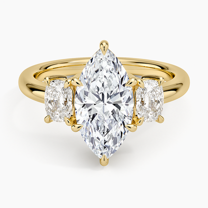 Faye Elongated Cushion Three Stone Diamond Ring - Marquise Cut Center Stone