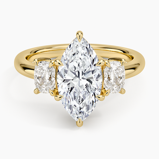 Faye Elongated Cushion Three Stone Diamond Ring - Marquise Cut Center Stone