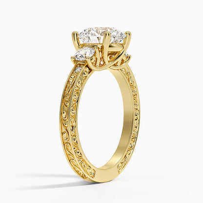 Antique Scroll Engraved Three Stone Diamond Ring (1/3 ct. tw.) - Round Center Stone