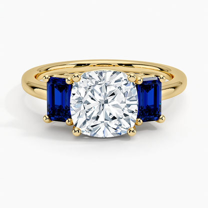Luxe Rhiannon Three Stone Sapphire Ring - Cushion Cut Center Stone