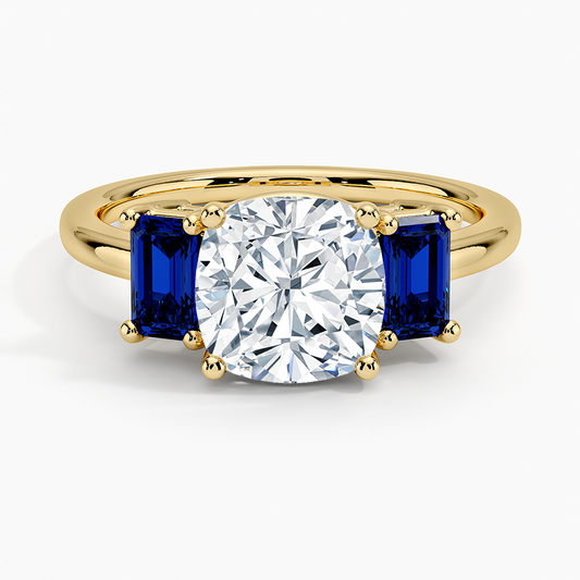 Luxe Rhiannon Three Stone Sapphire Ring - Cushion Cut Center Stone