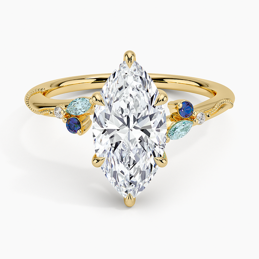 Camellia Indigo Milgrain Ring - Marquise Cut Center Stone