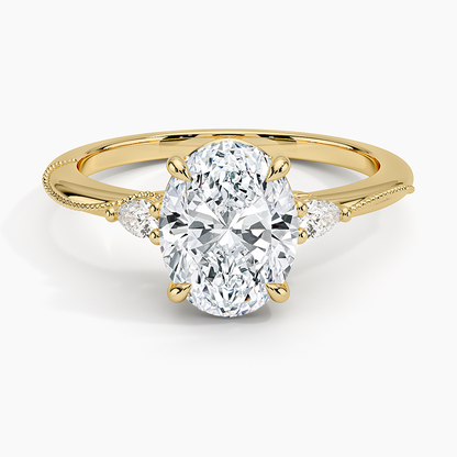 Camellia Three Stone Pear Diamond Ring - Oval Center Stone