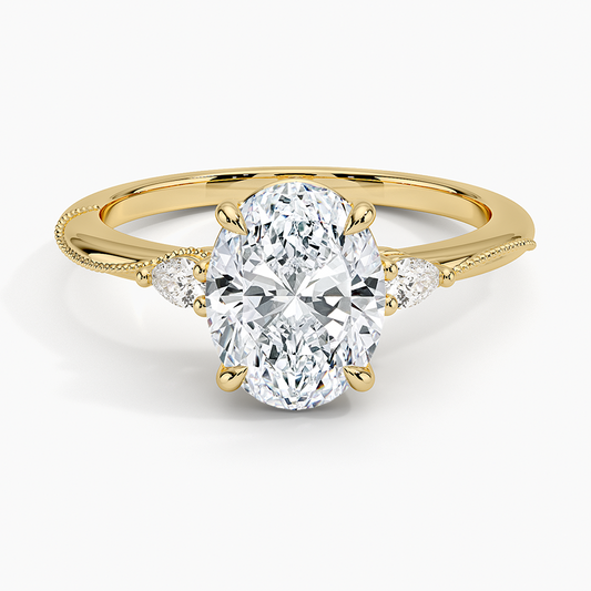 Camellia Three Stone Pear Diamond Ring - Oval Center Stone