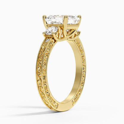 Antique Scroll Engraved Three Stone Diamond Ring (1/3 ct. tw.) - Asscher Cut Center Stone