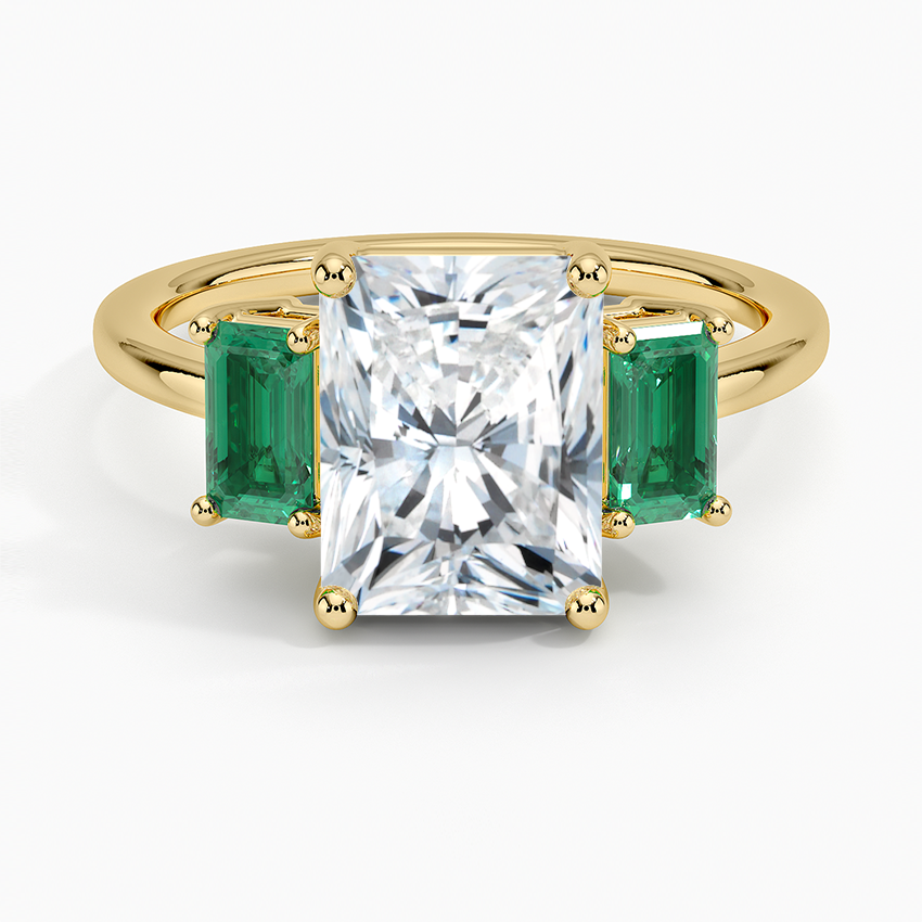 Luxe Rhiannon Three Stone Lab Emerald Ring - Radiant Cut Center Stone
