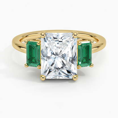 Luxe Rhiannon Three Stone Lab Emerald Ring - Radiant Cut Center Stone